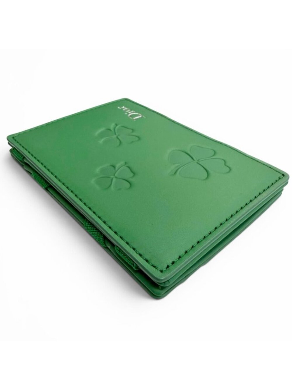 Dior Magic Wallet Calfskin Leather Clover Embossed Bifold Card Case Green - Picture 4 of 11